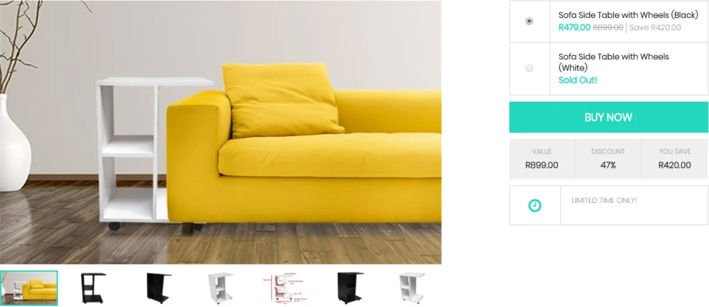 Yellow couch on an e-commerce website.